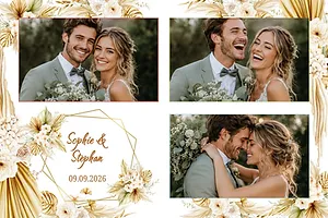 Wedding photo collage with gold leaves and a name panel