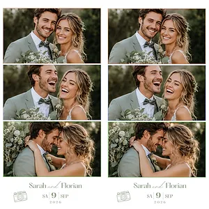 Wedding photo strip with three couple photos on a white background
