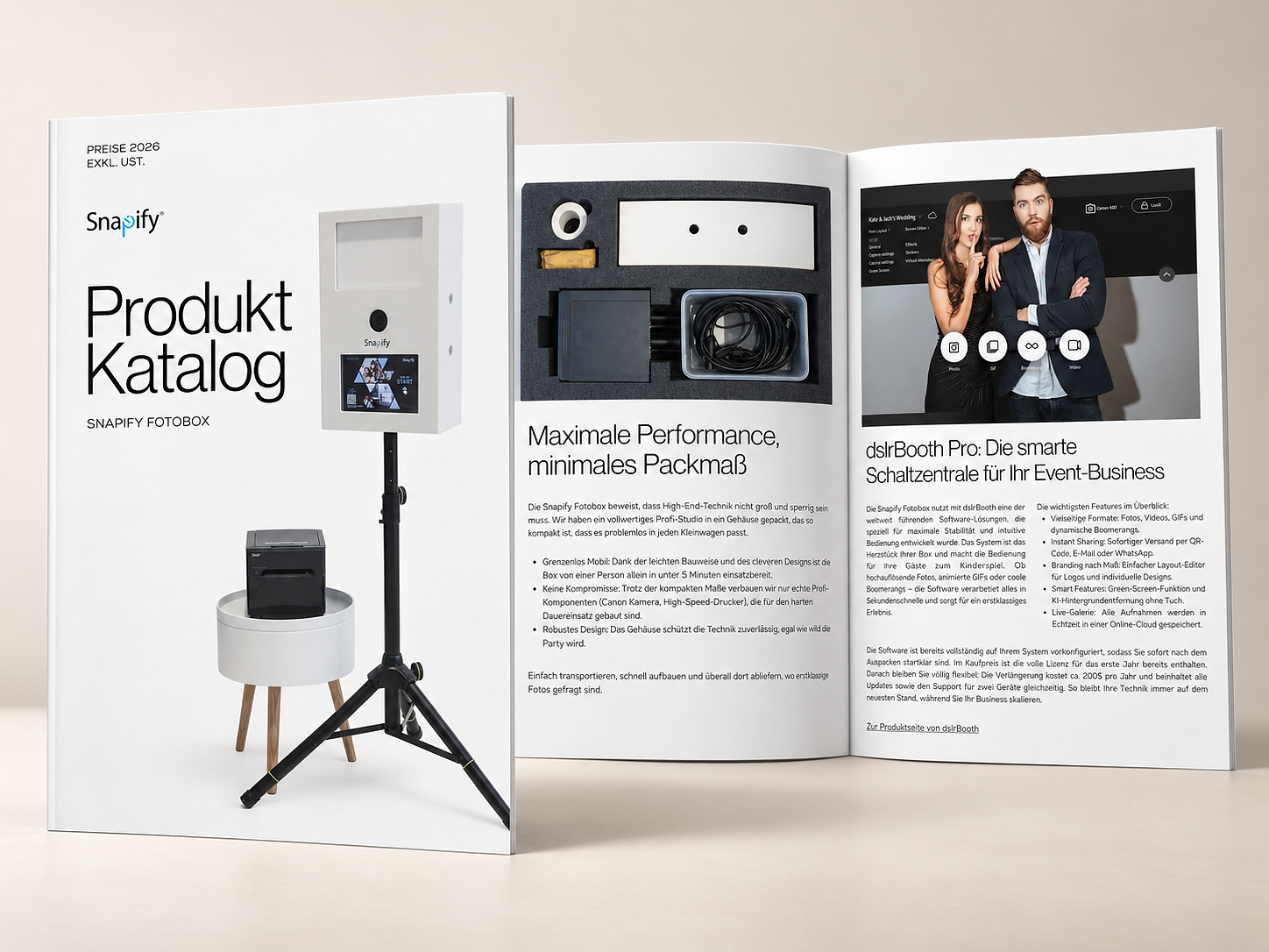 Produktkatalog der Snapify Fotobox – aufgeschlagene Broschüre mit Technik- und Software-Seiten