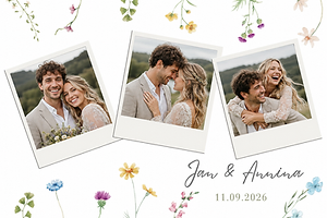 Hochzeitslayout mit drei Polaroid-Rahmen und bunten Wiesenblumen