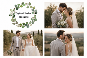 Hochzeitscollage mit drei Bildern und grünem Eukalyptuskranz