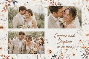 Hochzeitscollage mit drei Bildern und feinem Blumenrahmen