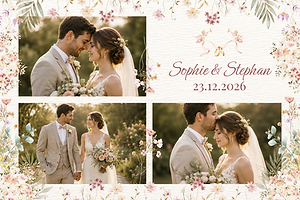 Romantische Hochzeitscollage mit rosa Blüten und Namensfeld