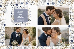 Hochzeitscollage mit blau-goldenen Blüten und drei Bildern