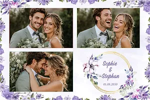 Wedding photo collage with purple flowers and a gold circle