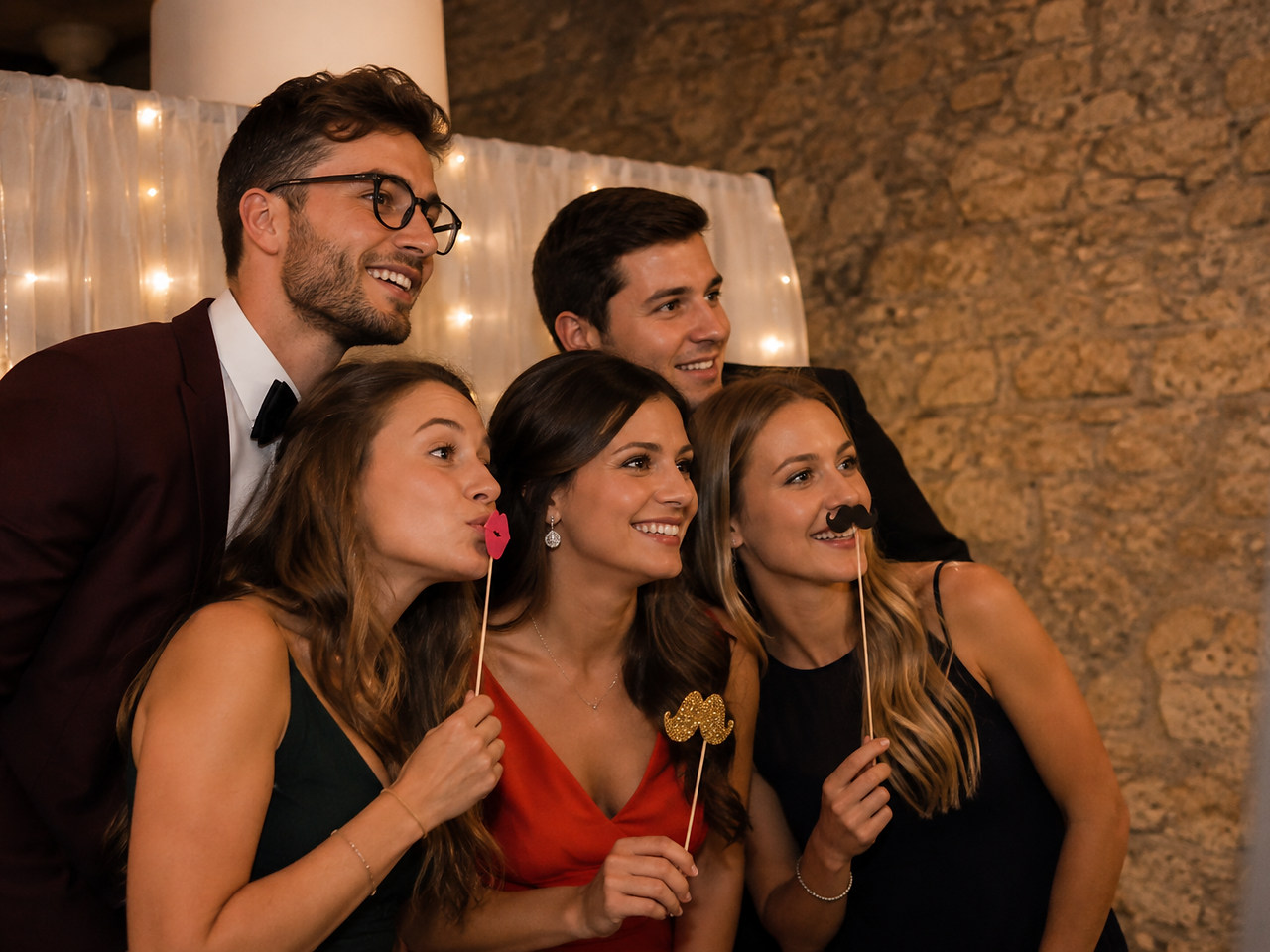 Gruppe von Freunden bei einer Geburtstagsfeier vor einer Fotobox mit Party-Accessoires