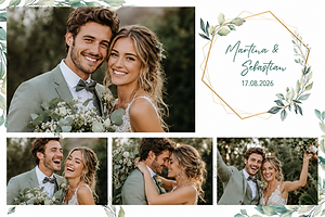 Hochzeitscollage mit vier Bildern und grünem geometrischem Rahmen