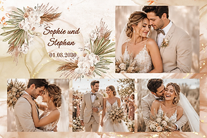 Hochzeitscollage mit vier Bildern und beigen Trockenblumen