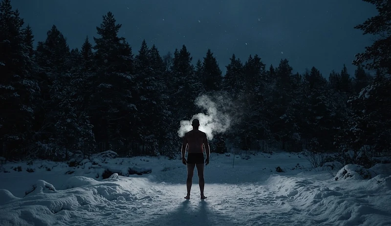 A lone figure in a cold Nordic winter landscape