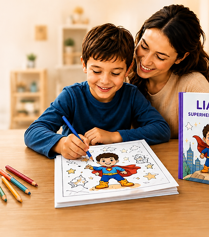 A parent and child coloring a personalized Hero and Color coloring book together