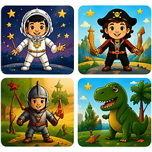 Choose an adventure: astronaut, pirate, knight, dinosaur