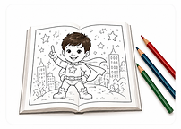 Open personalized coloring book with colored pencils