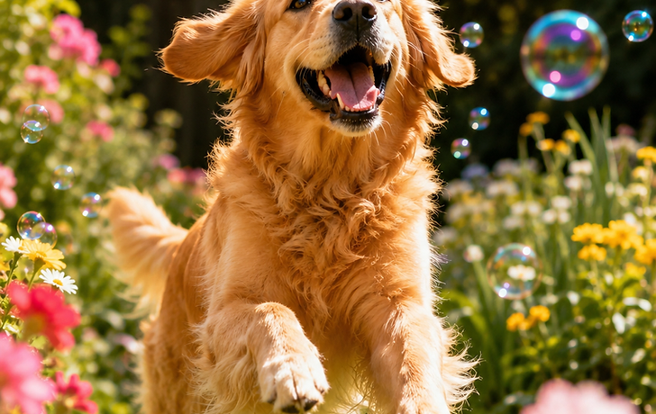 Golden Retriever leaping after Paw Pop bubbles in a sunny garden