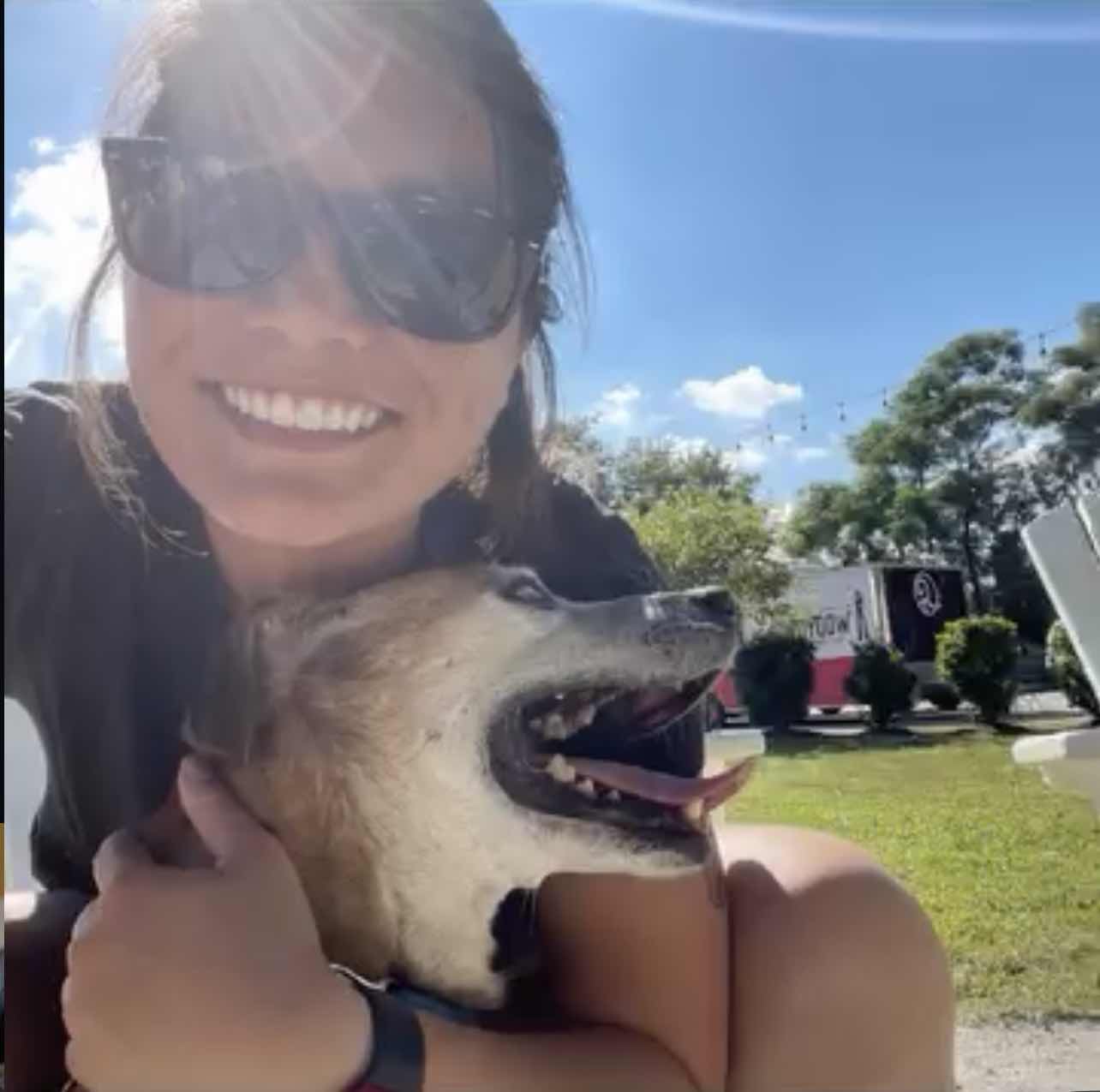A woman hugging her dog outdoors on a sunny day