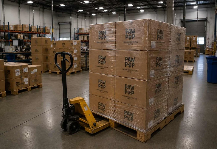 PAW POP fulfillment warehouse with neatly organized shelves of packed orders