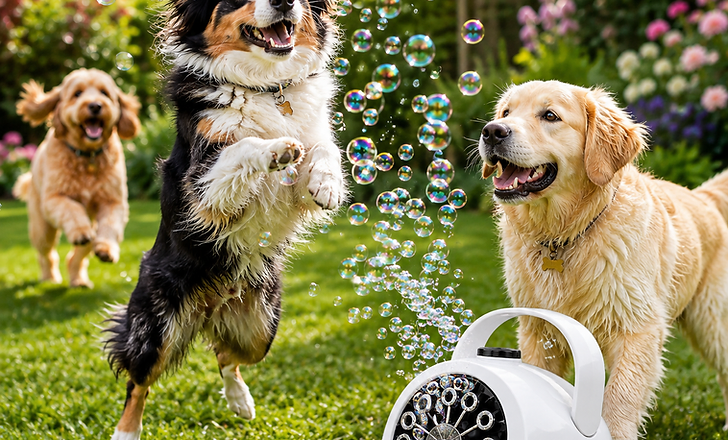 Golden Retriever popping PawPop flavored bubbles