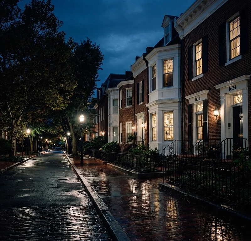 Washington, DC residential exterior at blue hour