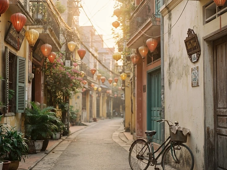 A warm, quiet Vietnamese street at golden hour