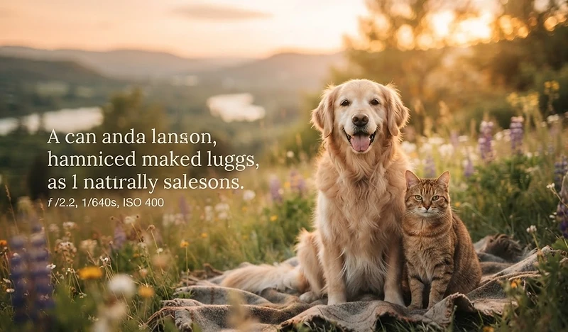 A happy dog and cat together at golden hour
