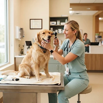 Vet examining a golden retriever