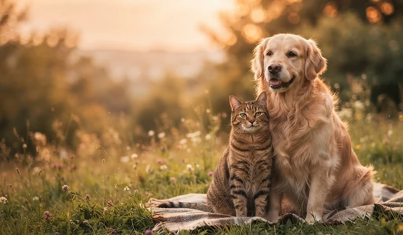 A happy dog and cat together at golden hour