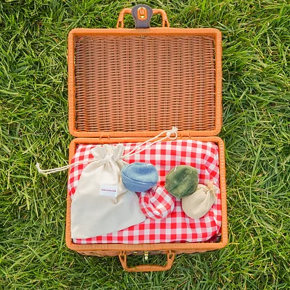 picnic social club premium footbags in burlap, corduroy, gingham, and denim
