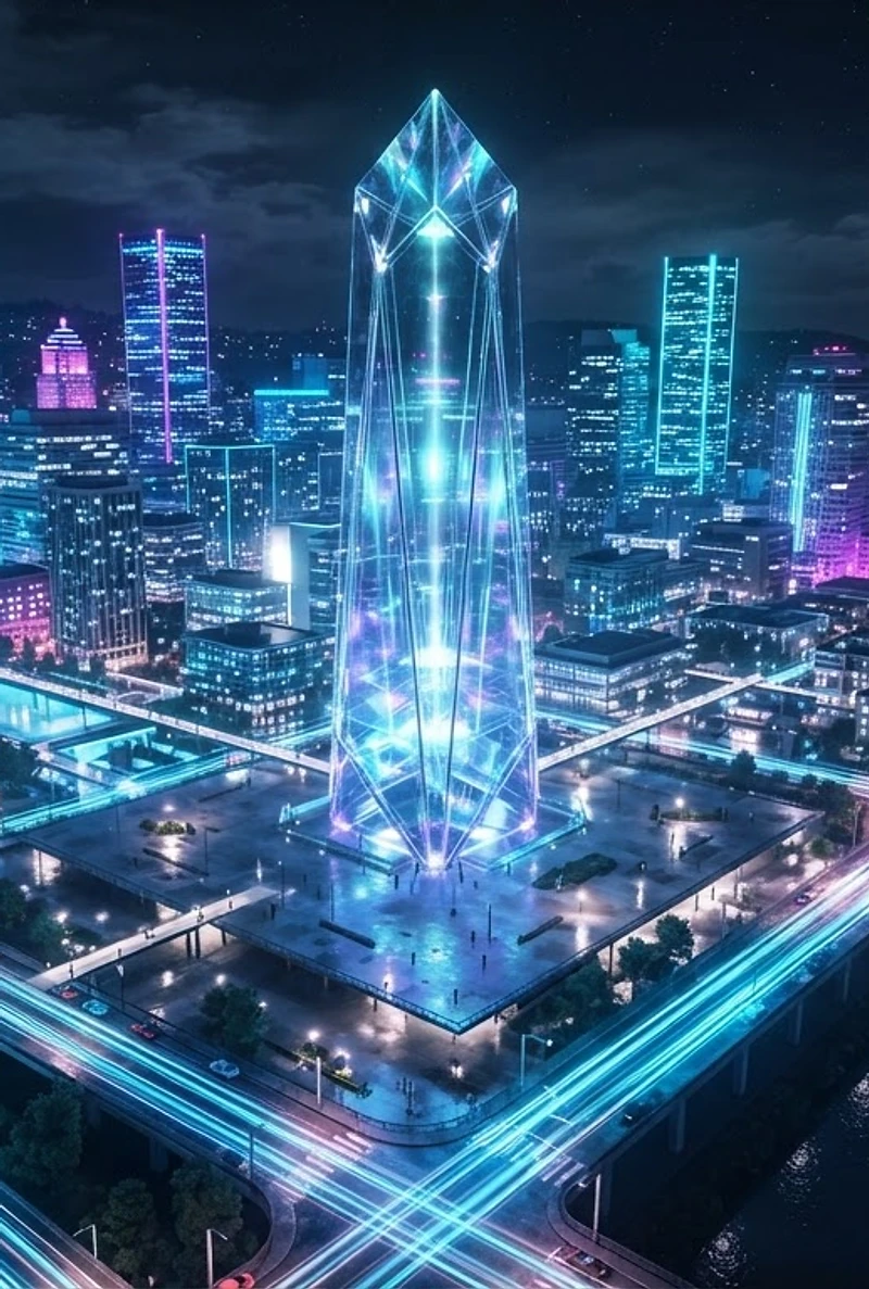 Glass monolith in a glowing neon Portland city grid with cyan currency light trails