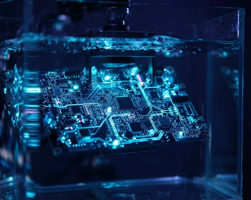 Glowing circuit board submerged in clear liquid
