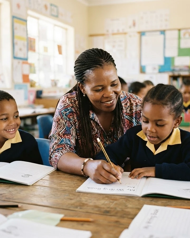 South African teacher with primary school students