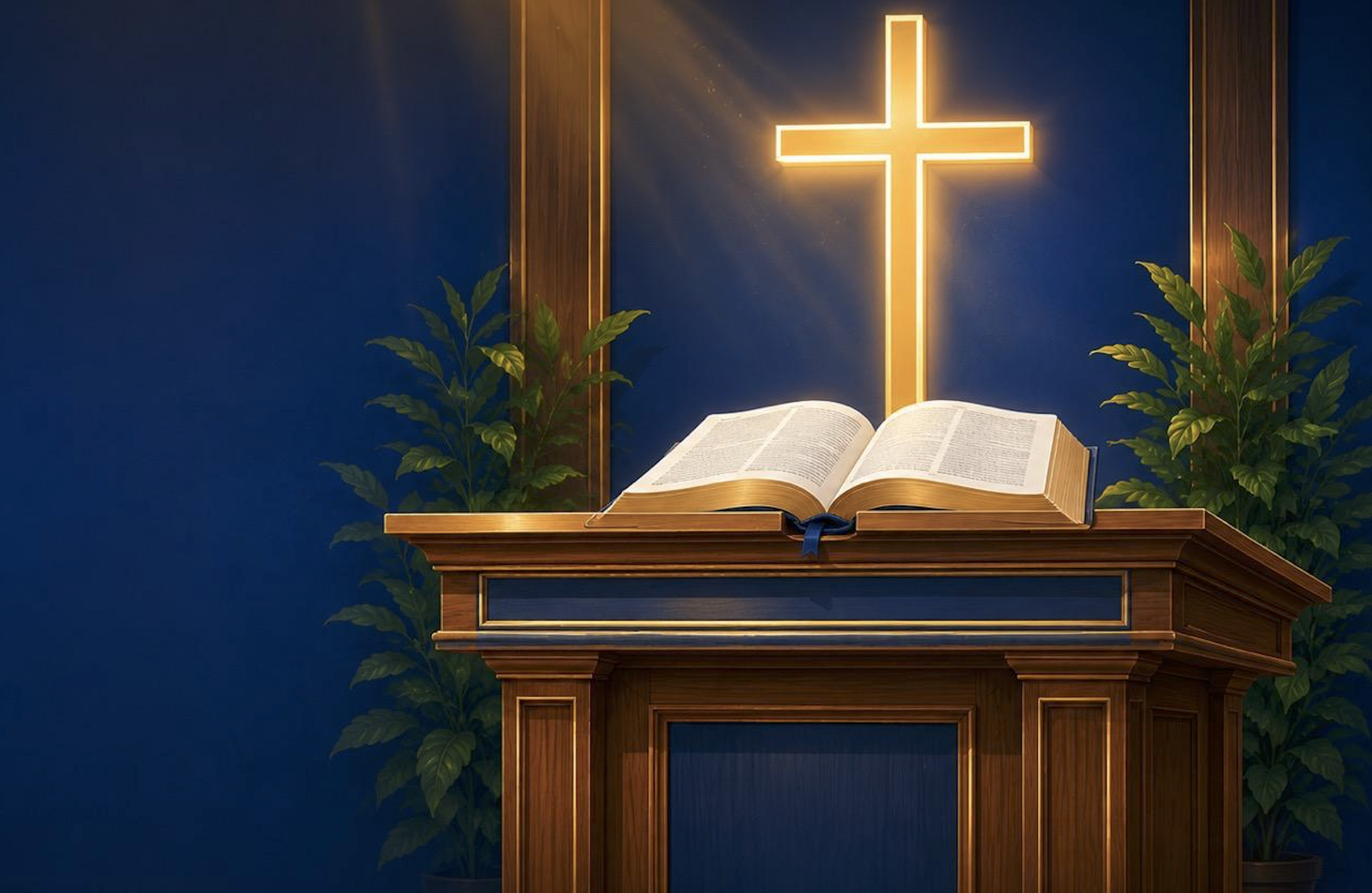 Open Bible on lectern with glowing backlit cross