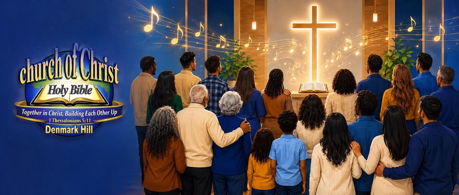 Congregation facing a glowing cross and open Bible
