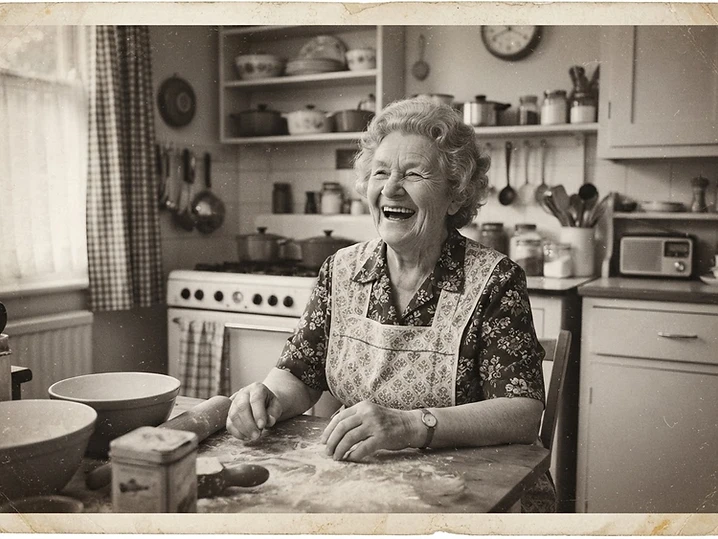 A cinematic film frame created from a family photograph