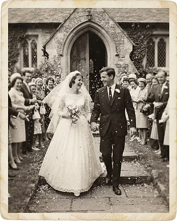 Vintage wedding photograph outside a church