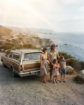 1970s family vacation snapshot beside a station wagon