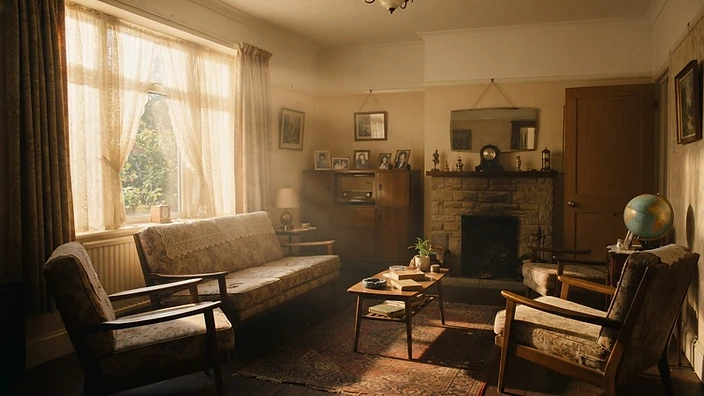 Cinematic still of a sunlit family living room from decades past