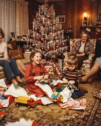 1970s family Christmas snapshot in a living room