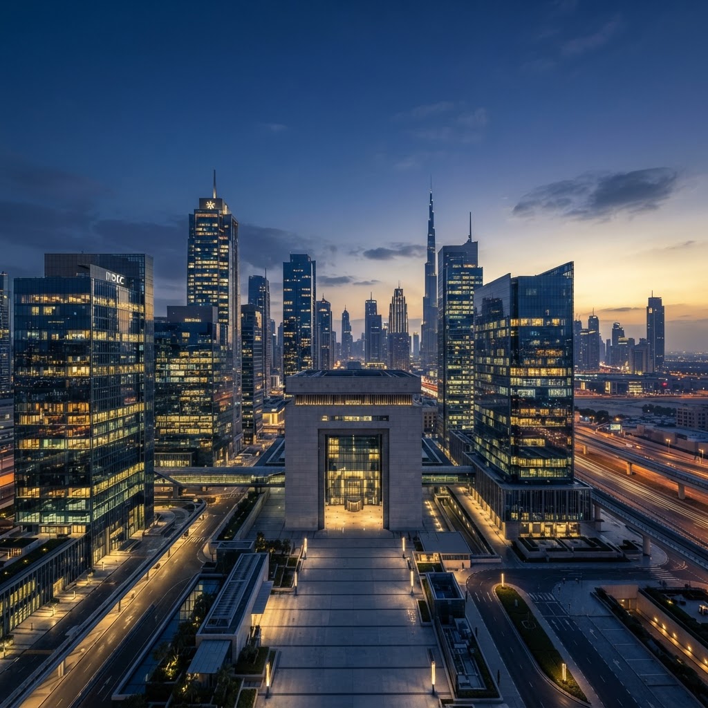 Dubai financial district at dusk