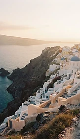 Whitewashed Greek island buildings with blue domes over the Aegean