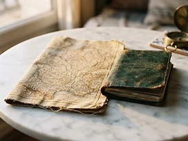 A vintage linen travel map and worn leather passport cover on a marble table