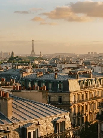France — Haussmann rooftops at golden hour, lavender fields, and a Riviera glitter.