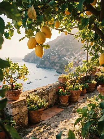 A sun-drenched Amalfi lemon grove terrace overlooking the sea