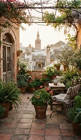A warm Andalusian terrace in Seville with dappled golden light