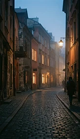 A narrow cobblestone street in Krakow at dusk with warm window lights
