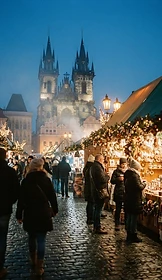 A European Christmas market in Prague at dusk, warm glowing stalls