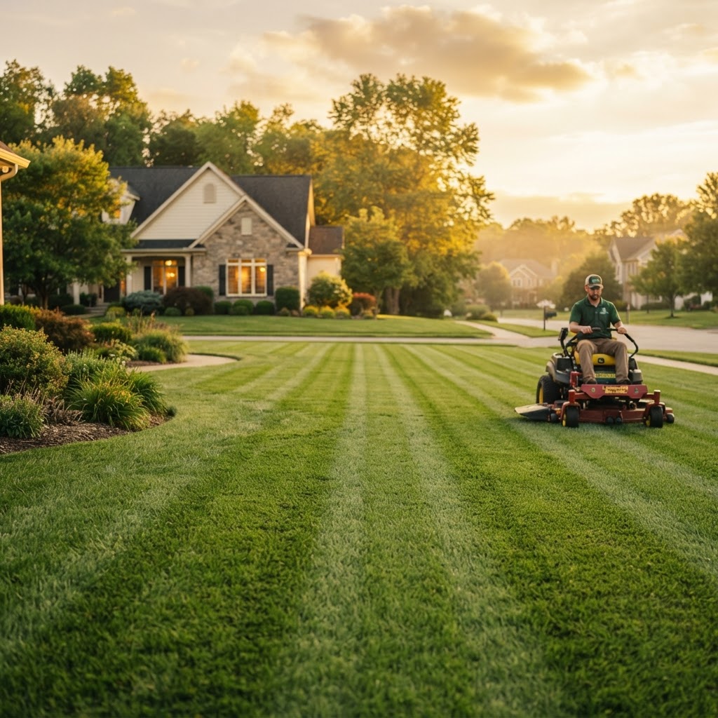 Manicured lawn at golden hour