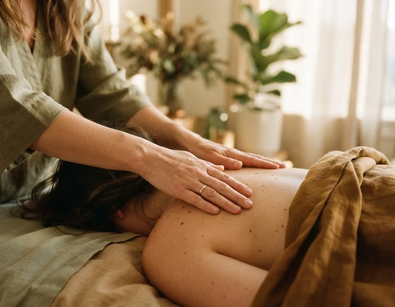 Mãos de terapeuta em contacto terapêutico suave