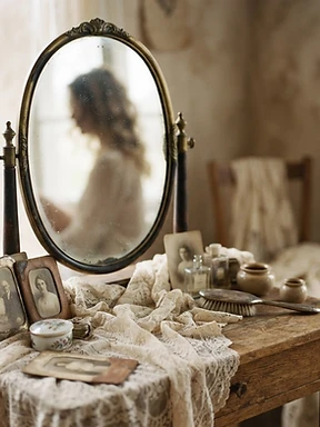 Reflet flou d'une figure féminine dans un miroir ancien