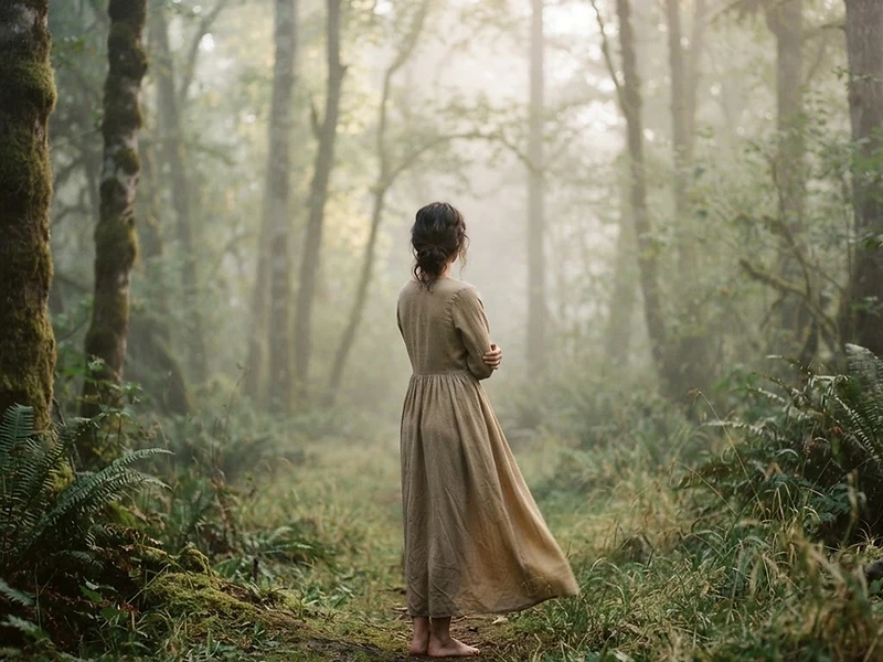 Silhouette féminine voilée dans la brume d'une forêt à l'aube