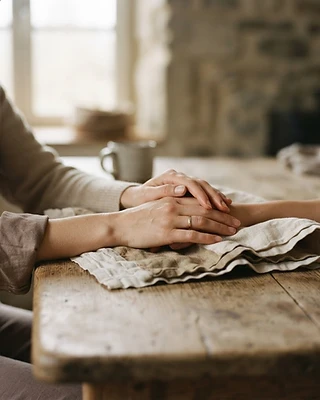 Mains effleurant un tissu ancien, lumière douce