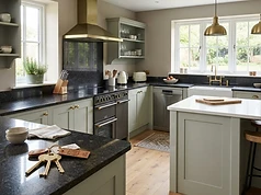 Premium high-end kitchen in a new UK home with keys on a granite worktop
